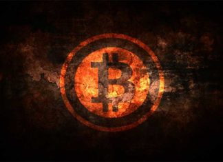 Xhihadistët Kërkojnë Mbështetje me Bitcoin Logo e një monedhe virtuale bitcoin si në zjarr me ngjyre verdhe e kuq ne sfond te zi