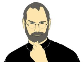 Skice e steve jobs me bluze te zeze me doren tek mjekra e me syze ne sfond te bardhe