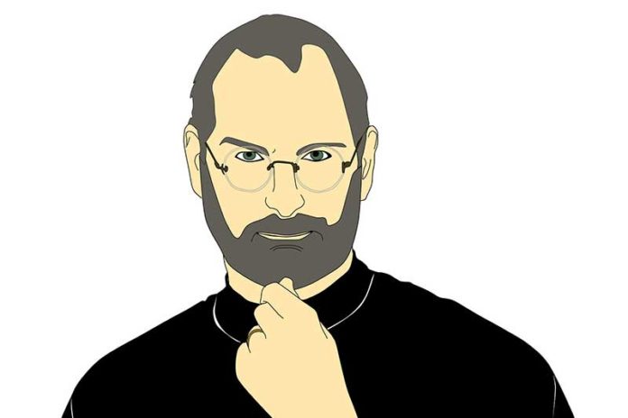 Skice e steve jobs me bluze te zeze me doren tek mjekra e me syze ne sfond te bardhe