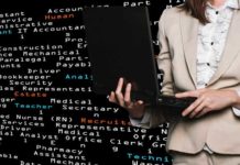 Facebook Jobs Tani Mund të Përdoret në Mbi 40 Shtete Vajzë e veshur me kostum profesional ne kembe me laptop ne dore dhe ne sfond emra profesionesh te ndryshme mbi sofnd te zi