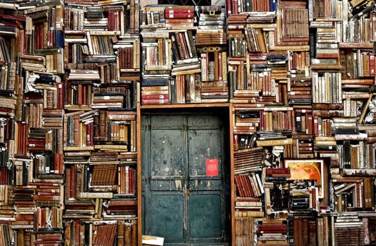 Librari me libra te vjeter dhe nje dere ne mes