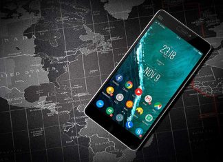 Ditë të Vështira për Huawei Telefon i zi me sistem operativ Android mbi hartën e botes ngjyre gri